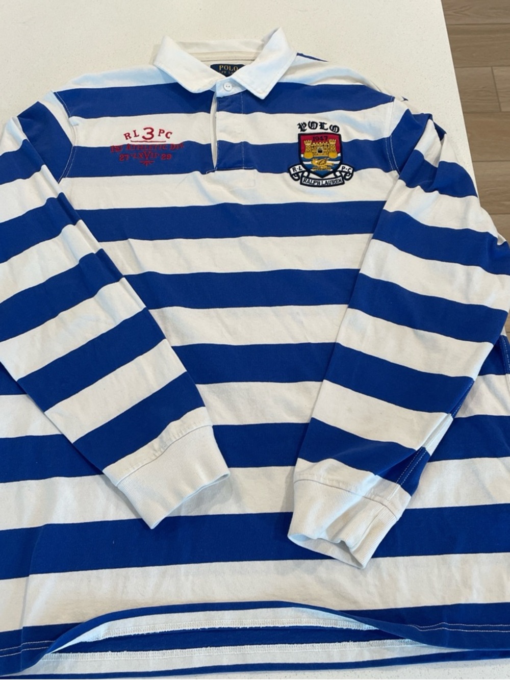 Vintage -Ralph Lauren Blue & White Striped Crest Rugby